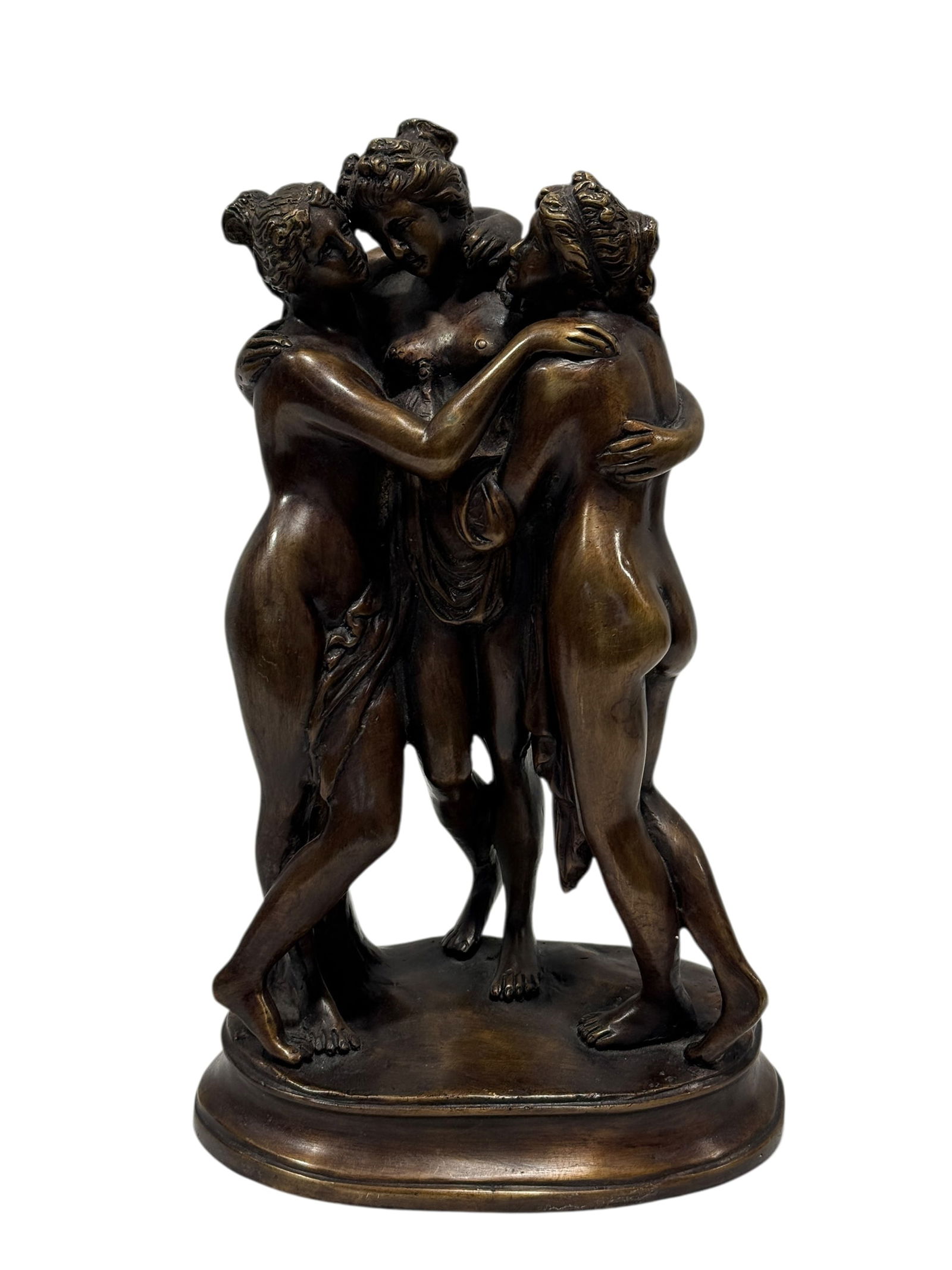 Bronze "3 Graces" Sculpture After Antonio Canova: Bronze "3 Graces" Sculpture After Antonio Canova. Measures 11.5" H x 7" W x 4.25" D. Has some surface scratches.