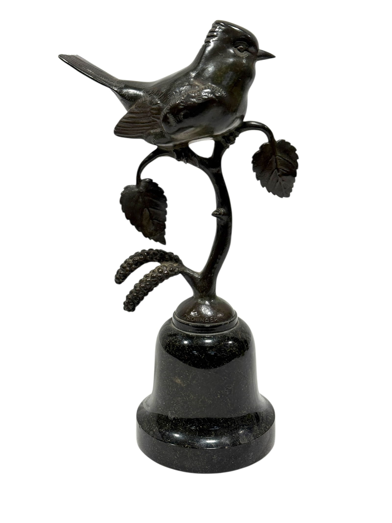 Signed Hans Ischinger Fine 1920s German Bronze "Bird on Branch" Sculpture: Signed Hans Ischinger Fine 1920s German Bronze "Bird on Branch" Sculpture on Marble Base. Signed Ischinger on the base of bronze. Measures 10" Tall. In good condition.