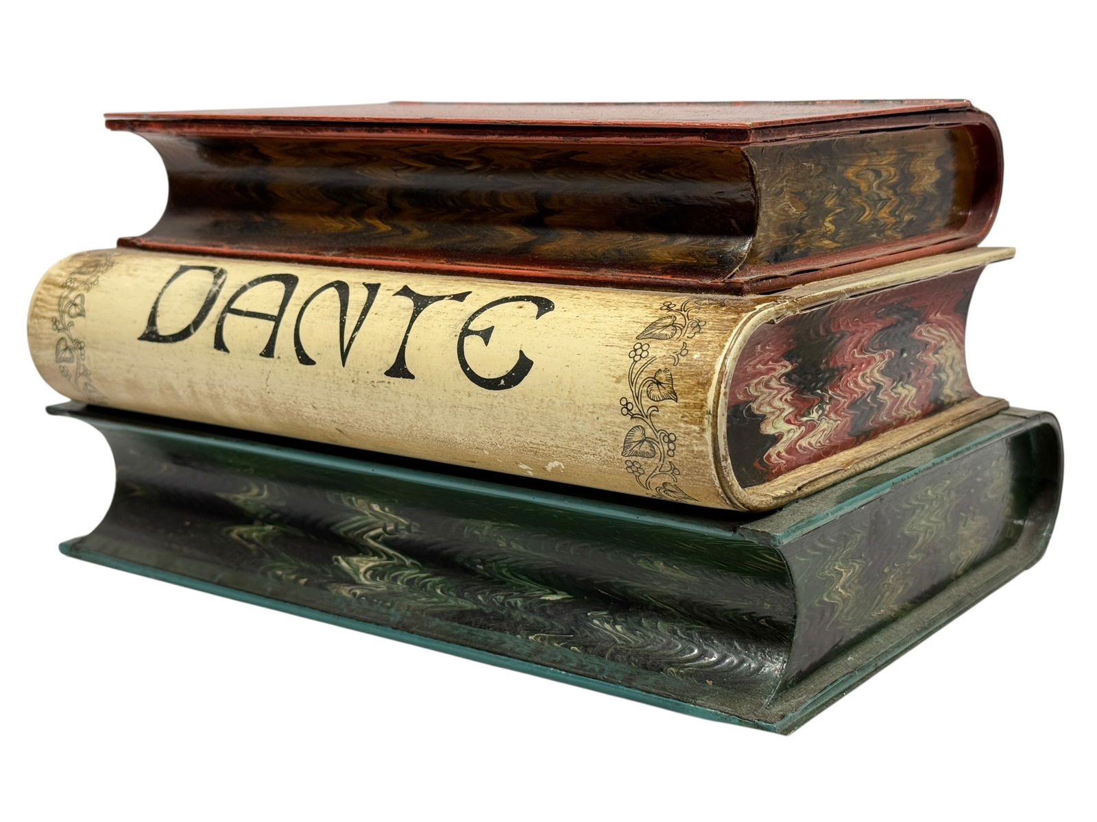 MCM Italian "Dante" Tole Book Form Lidded Box: MCM Italian "Dante" Tole Book Form Lidded Box. Measures 6" H x 11" W x 8.5" D. Has some scuffs and scratches.
