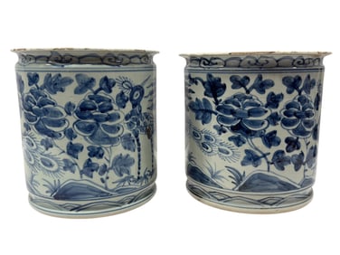 Pair of 19th C. Blue Orchid & Bird Chinoiserie Planters