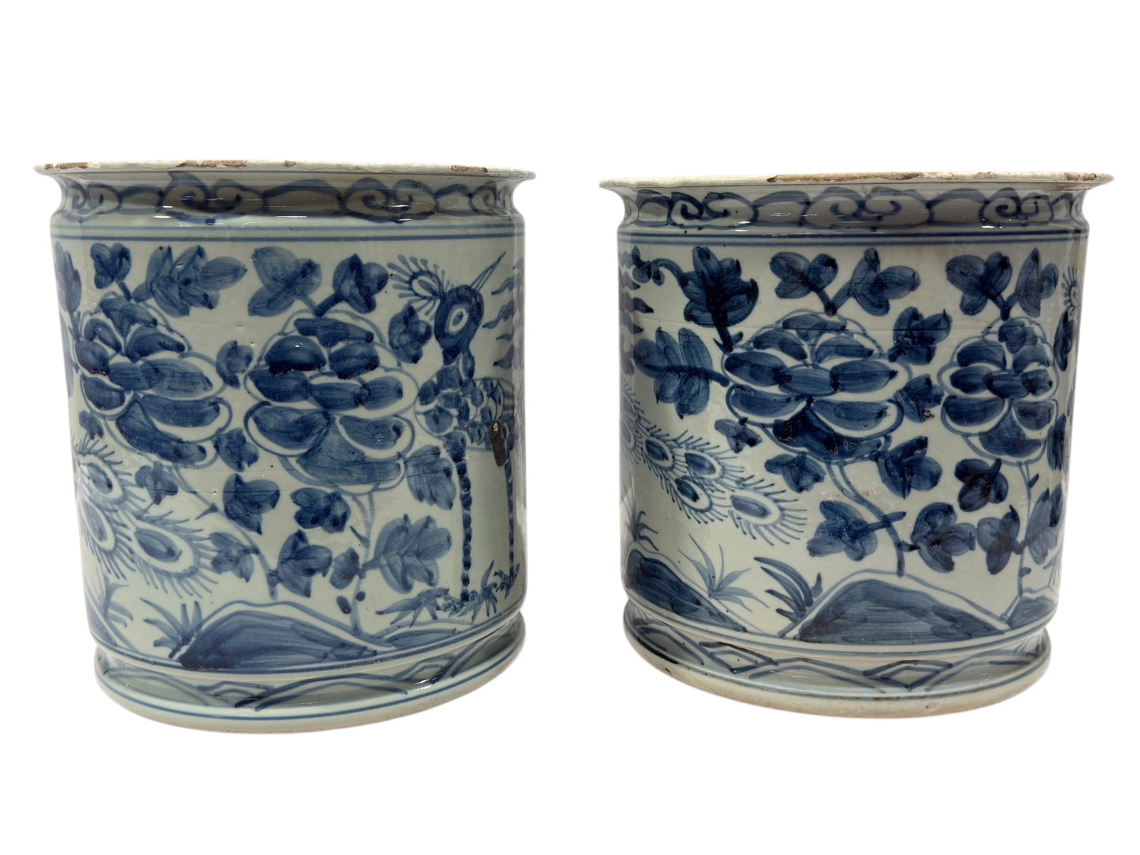 Pair of 19th C. Blue Orchid & Bird Chinoiserie Planters: Pair of 19th C. Blue Orchid & Bird Chinoiserie Planters. Measures 8.75" H x 9" Diameter. Both have some chips around edge, condition reflects its age.