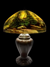 Signed Handel Fine Cir 1910 Reverse Painted Shade & Bronze Base Lamp