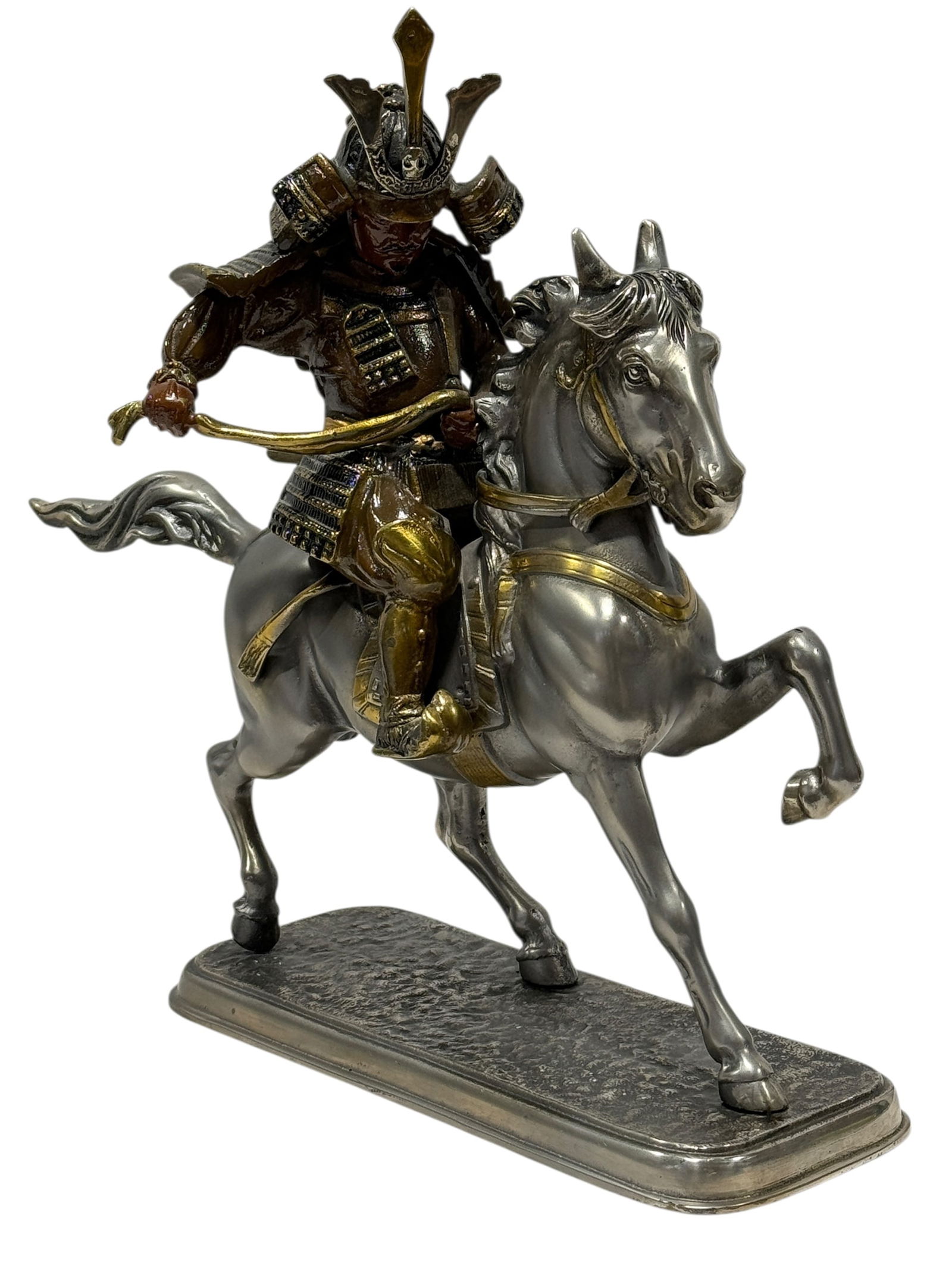 Silvered & Painted Bronze "Samurai Warrior" on Horseback Sculpture: Silvered & Painted Bronze "Samurai Warrior" on Horseback Sculpture. Measures 12.75" H x 15.25" W x 5.25" D. In good condition.
