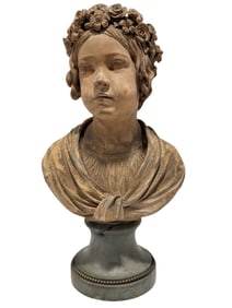 18th C. Terracotta Bust of Girl w/ Crown of Flowers & Marble Base