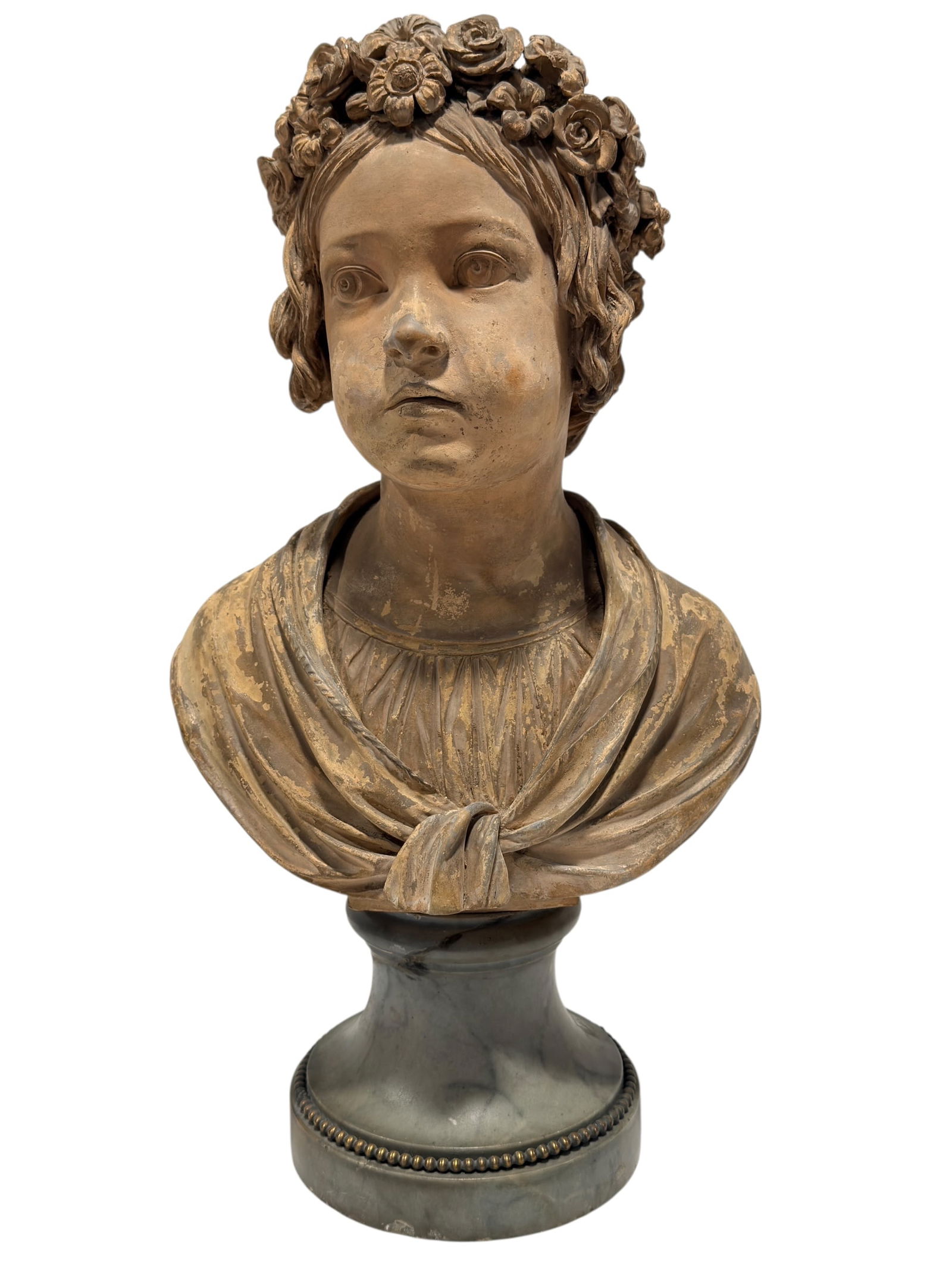 18th C. Terracotta Bust of Girl w/ Crown of Flowers & Marble Base: 18th C. Terracotta Bust of Girl w/ Crown of Flowers & Marble Base. From the Estate of Marshall Field & Delilah (Delia) Macomb Field (1853-1937). Marshall Field (1834-1906) was a retail giant, building