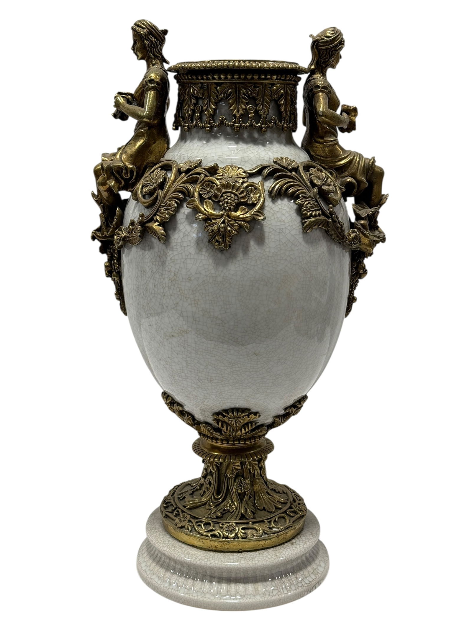 United Wilson Gilt Bronze Mounted Crackled Porcelain Urn: United Wilson Gilt Bronze Mounted Crackled Porcelain Urn. Louis XV Style Vase. Measures 18.5" H x 10" W x 7.5" D. Has some scuffs and scratches on mounts.