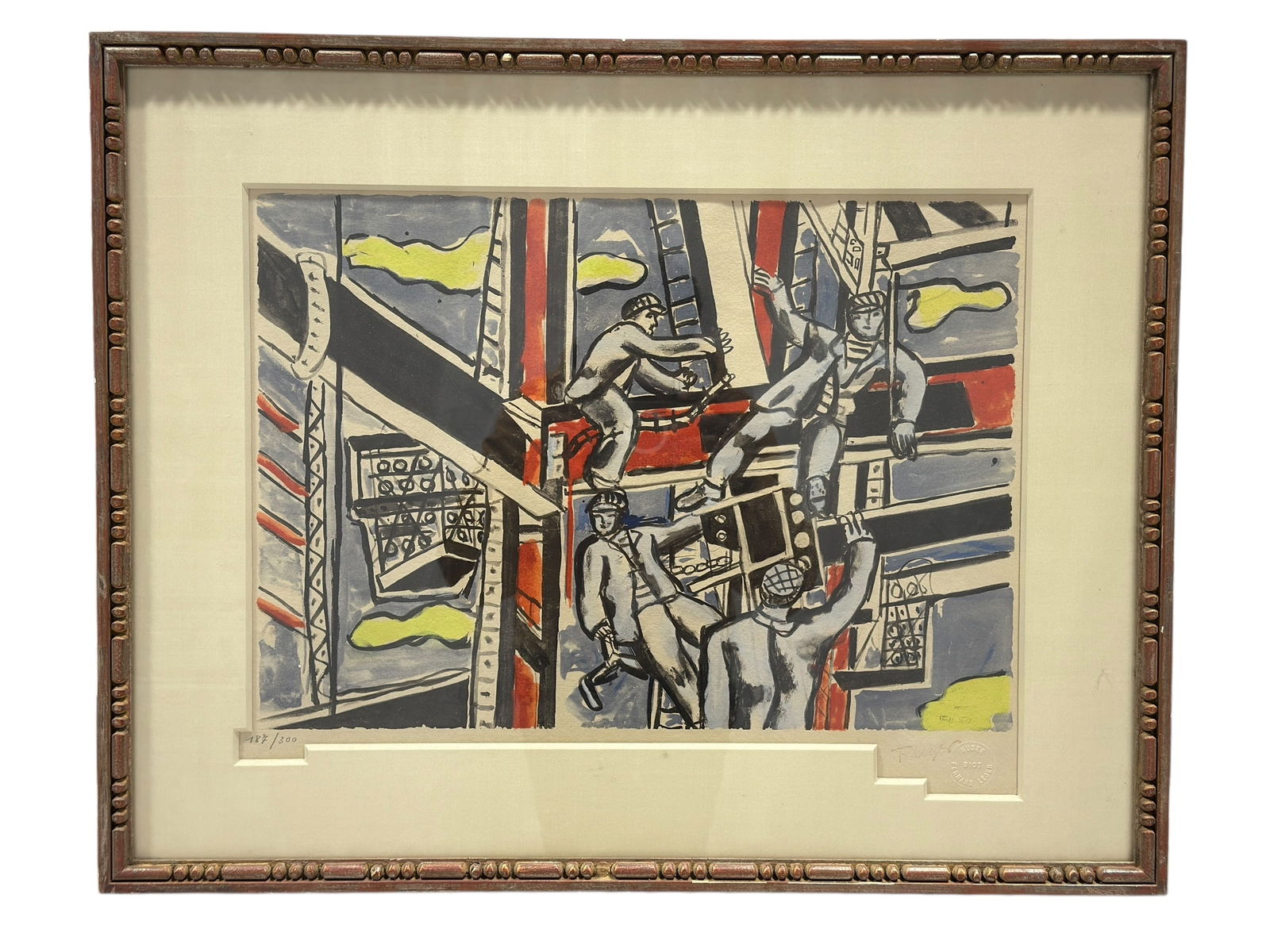 Signed 1959 Fernand Leger "Les Constructeurs" Lithograph: Signed 1959 Fernand Leger "Les Constructeurs" Lithograph. Hand signed by Fernand in the bottom right corner along with circular blind stamp indicating the work is from the Musee National Fernand Leger