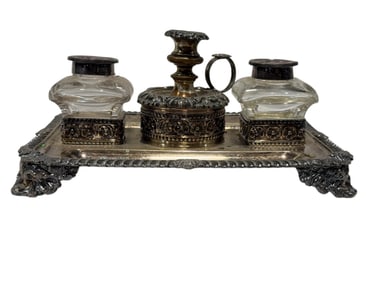 Victorian Double Silverplate & Crystal Inkwell Set