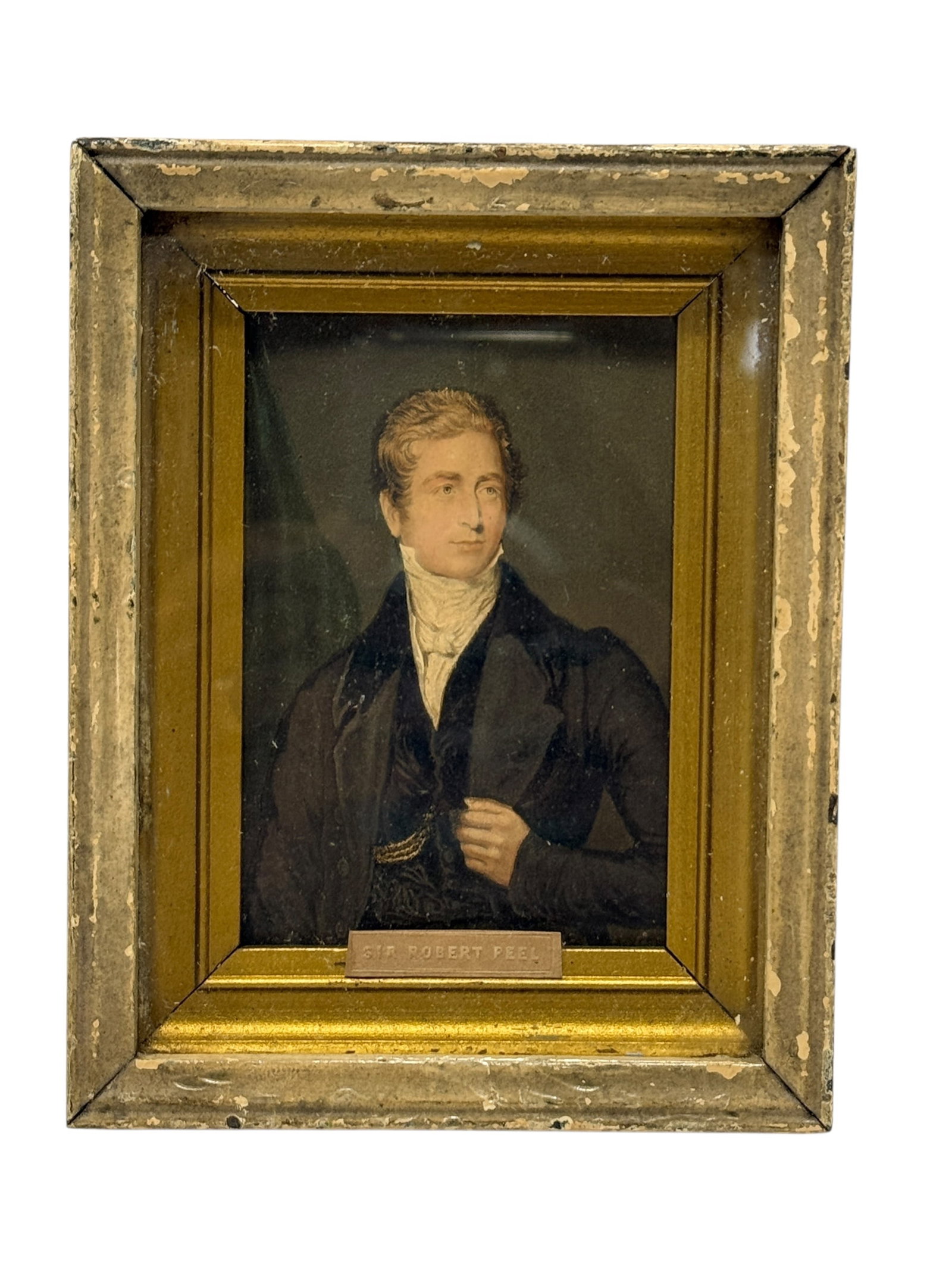 Mini Portrait of Sir Robert Peel in Antique Frame: Mini Portrait of Sir Robert Peel in Antique Frame. Sir Robert Peel name plate. Print measures 4" x 2.5". Frame measures 6" x 4.75". Frame has scuffs and scratches.
