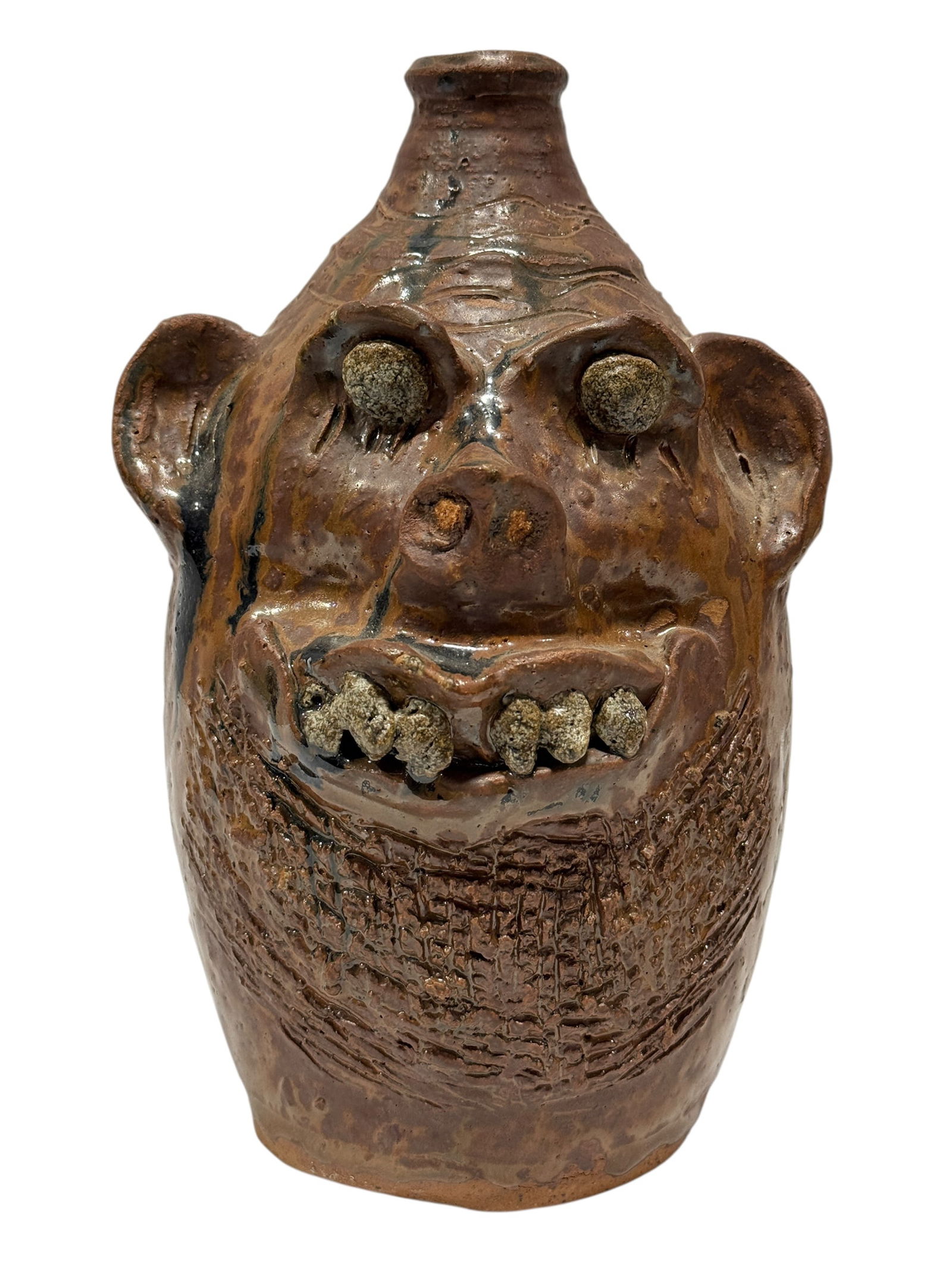 Signed Marie Rogers Pottery Face Jug: Signed Marie Rogers Pottery Face Jug. Double signed on the backside of jug and marked "Count your blessings and have faith in God." Measures 10.5" H x 6.5" W x 6.5" D. In good condition.