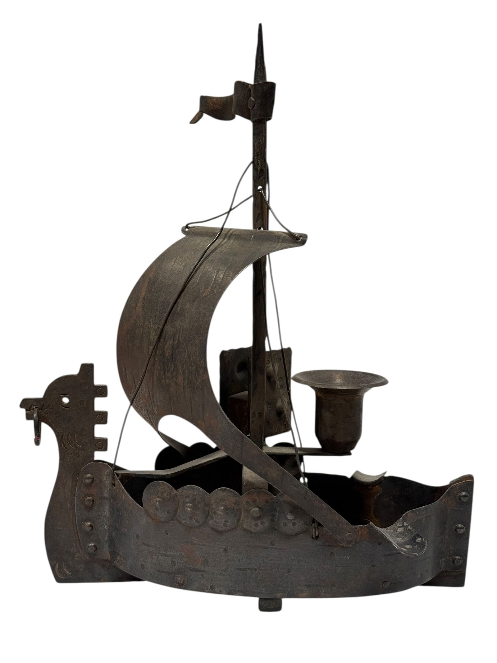 Cir 1910 German Arts & Crafts Goberg Steel Viking Ship Smoke Stand: Cir 1910 German Arts & Crafts Goberg Steel Viking Ship Smoke Stand. Marked Made In Germany on the underside. Also, has candle holder and match box holder. Measures 11.75" H x 9" W x 3.5" D. Condition