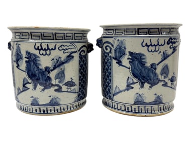Pair of Early Blue & White Kylin Orchid Pots