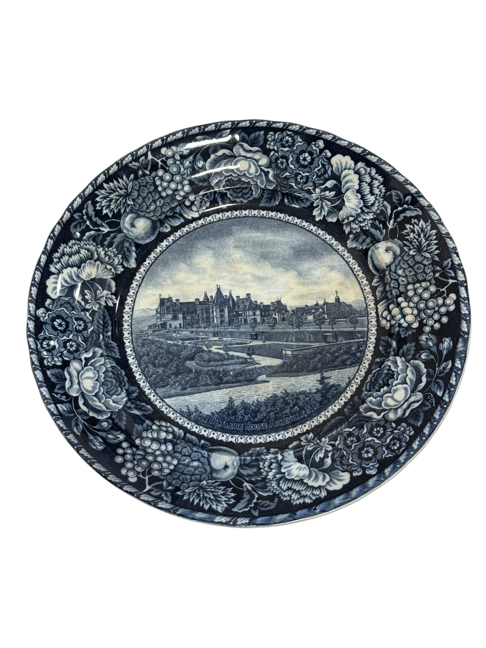 English Blue & White Staffordshire Biltmore House Asheville, N.C. Plate: English Blue & White Staffordshire Biltmore House Asheville, N.C. Plate. Marked "The Biltmore House Asheville, N.C." on the front and marked "The Rowland & Marsellus Co. Staffordshire England Designed