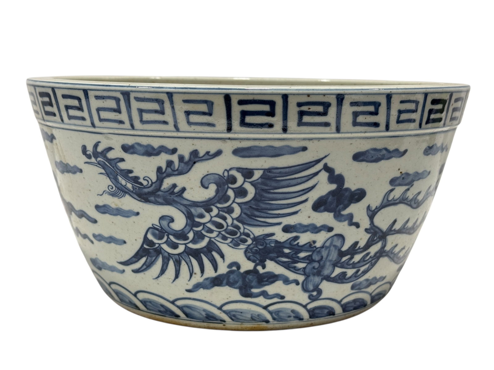 19th C. Blue & White Chinese Dragon Bowl: 19th C. Blue & White Chinese Dragon Bowl. Measures 6" H x 12" Diameter. In good condition for its age.