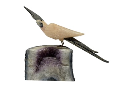 Hardstone Bird Sculpture on Amethyst Geode Base