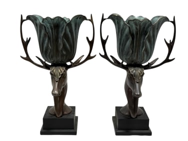 Bronze-Patinated Stag Figural Trophy Vases on Pedestal Bases