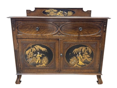 Early 20th C. English Arts & Crafts Oak Chinoiserie Sideboard