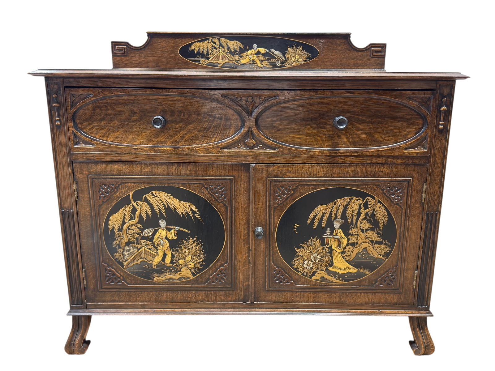 Early 20th C. English Arts & Crafts Oak Chinoiserie Sideboard: Early 20th C. Enlgish Arts & Crafts Oak Chinoiserie Sideboard. Early 20th C. English Arts & Crafts oak sideboard featuring a rectangular top surmounted by a raised backboard, above a long drawer and a