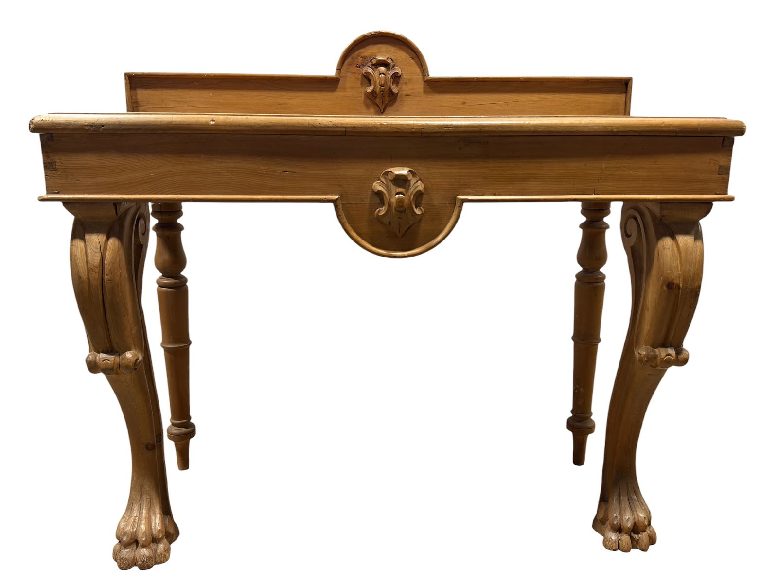 19th C. English Regency Pine Console Table: 19th C.s English Regency Pine Console Table. A handsome and well-proportioned early 19th century English Regency console table crafted from solid pine. The table features a shaped backboard with appli