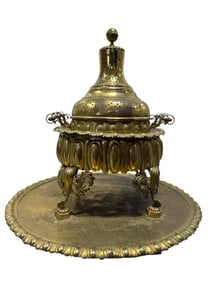 Late 19th C. Pierced Brass Mangal/Incense Burner w/ Tray