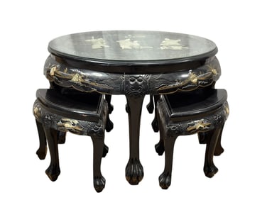 Chinese Lacquer & Mother-of-Pearl Inlaid Table w/ 4 Nesting Stools