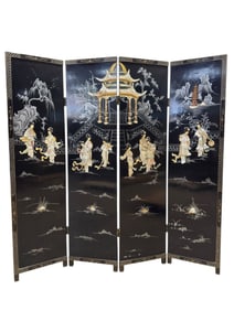 Chinese Black Lacquer & Mother-of-Pearl 6 Panel Folding Screen
