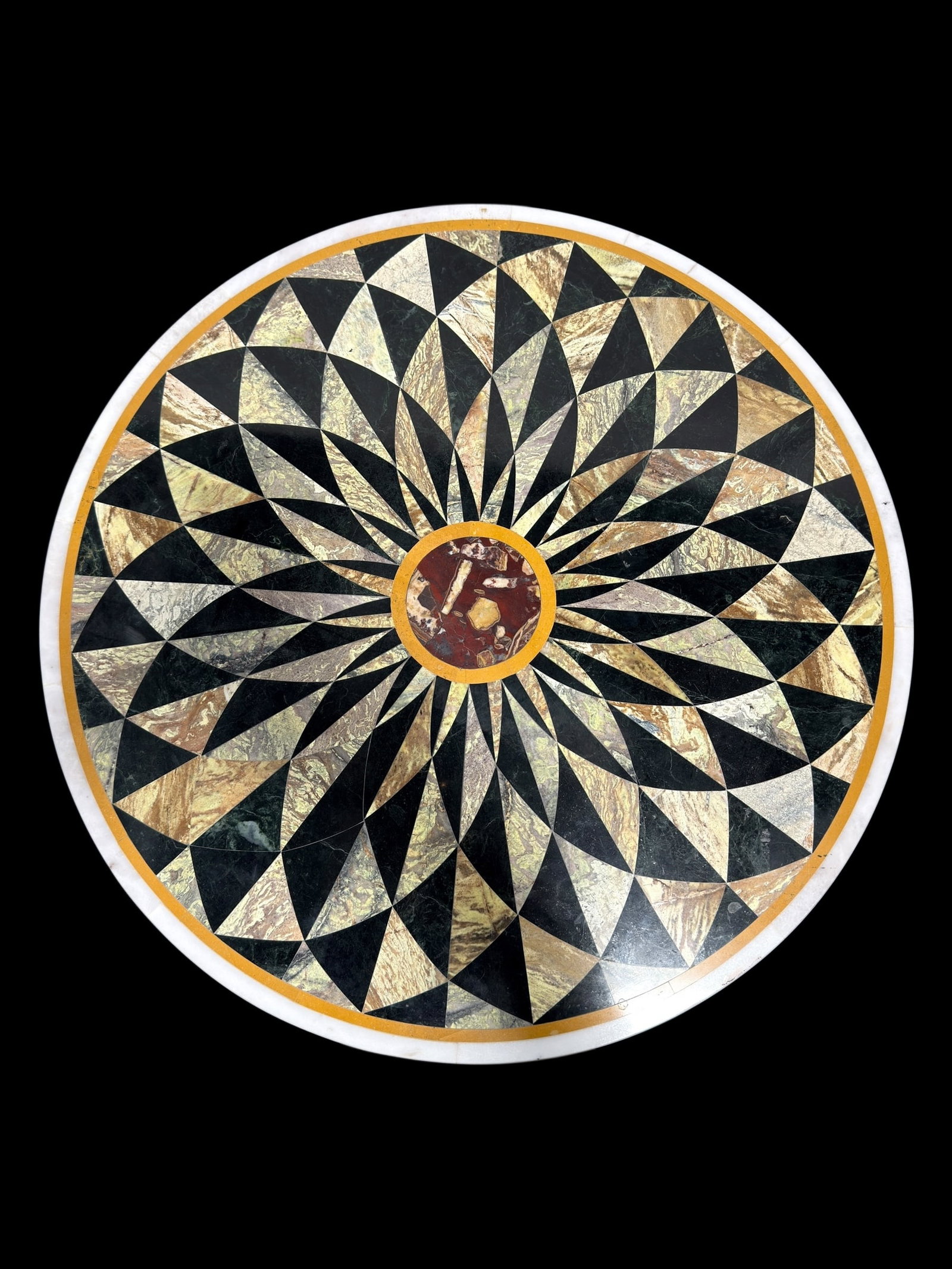 French Grand Tour Style Specimen Marble Inlaid Starburst Tabletop: French Grand Tour Style Specimen Marble Inlaid Starburst Tabletop featuring an intricate radial starburst design executed in finely cut polychrome marble inlay. The composition centers on a brecciated