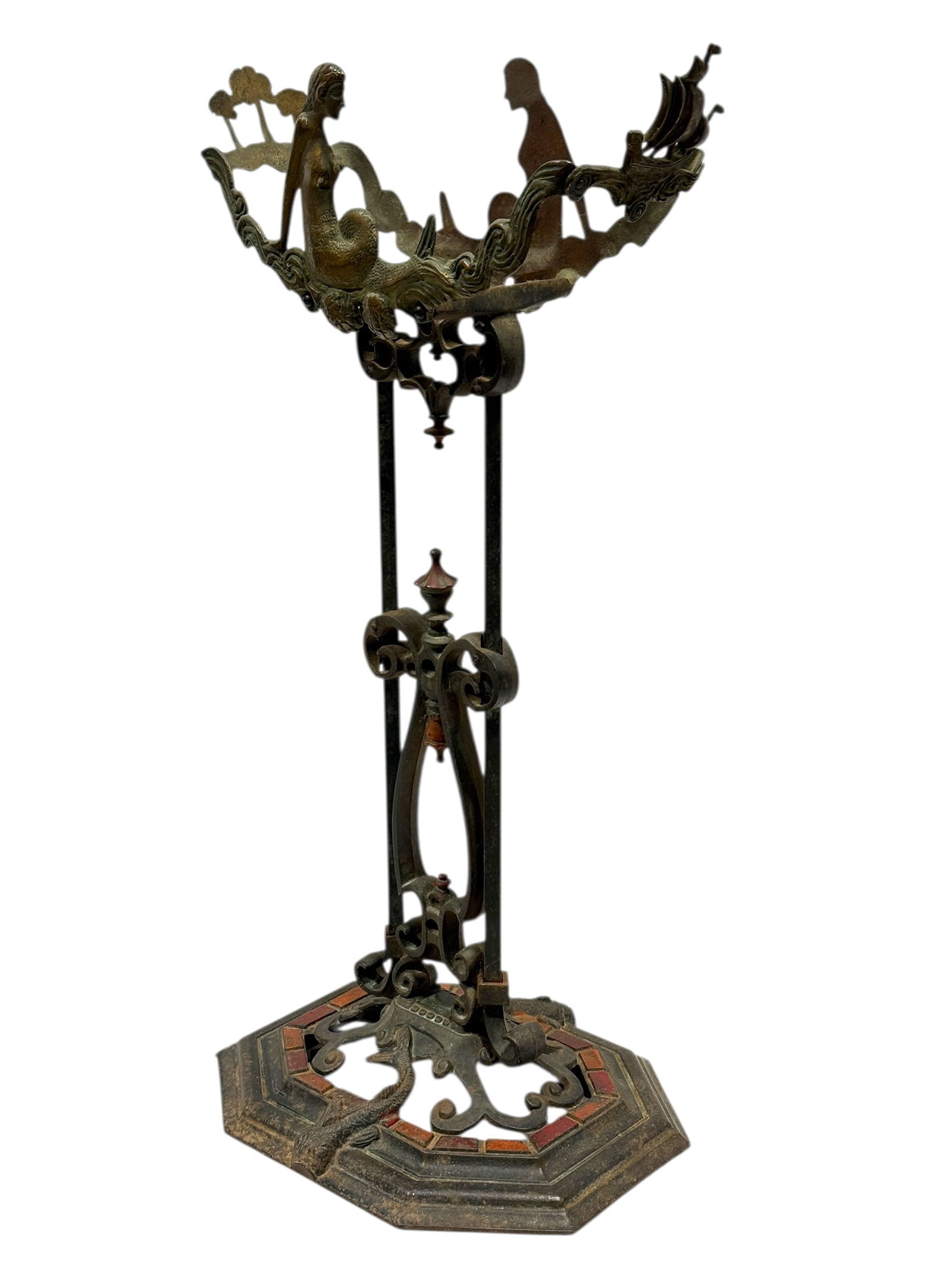 Late 19th C. Verona Cht Co Cast Iron Aquarium Stand: Late 19th century cast iron figural stand by Verona Cht Co, featuring an Art Nouveau–influenced mermaid motif rising from stylized waves. The sculptural upper section displays a seated mermaid flank
