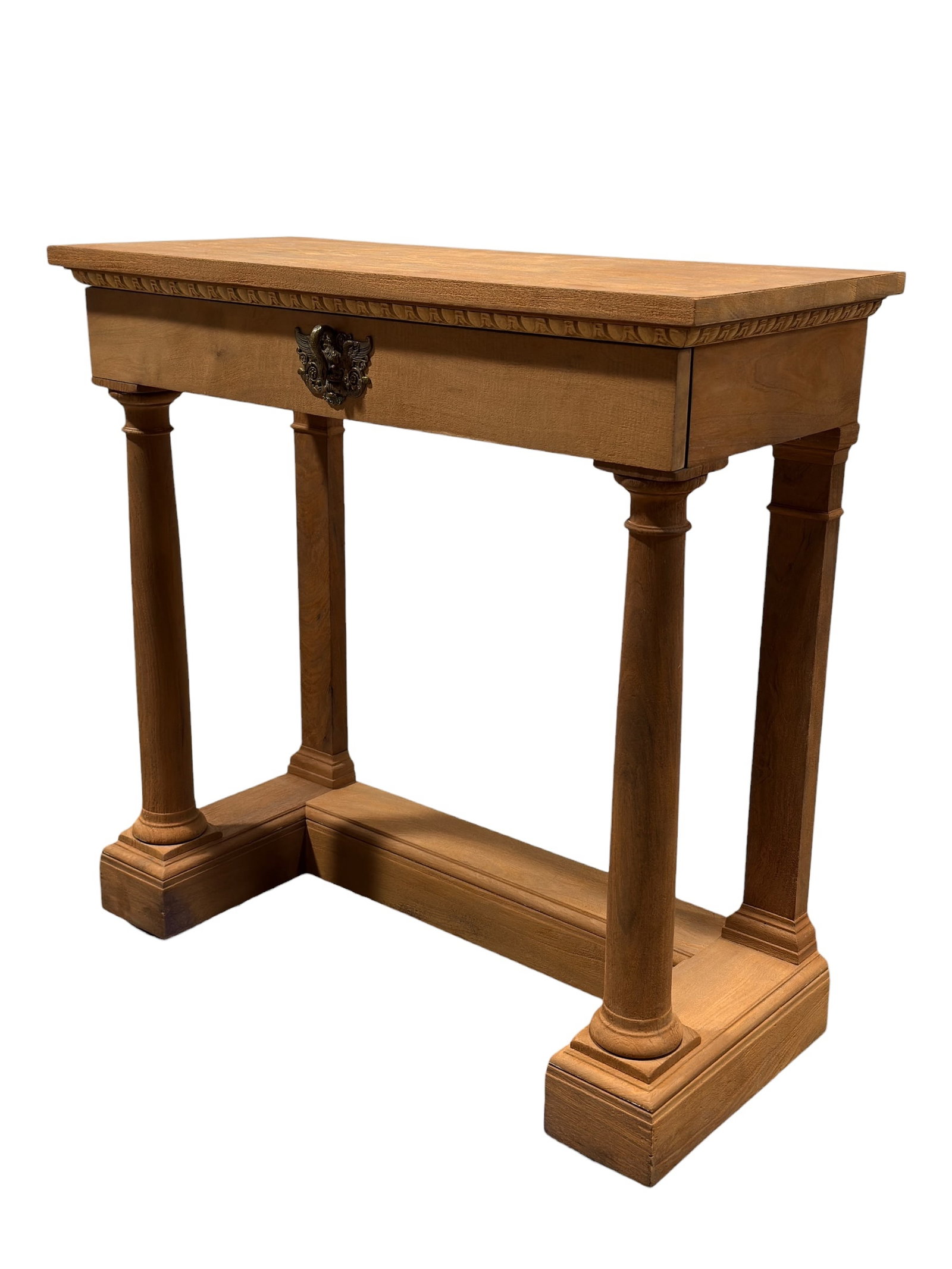 Early 20th C. Grand Rapids Empire Style Console w/ Drawer: Early 20th C. solid wood empire-style stand by Century Furniture, Grand Rapids, as indicated by the branded stamp inside the drawer. The stand features a rectangular top with carved edge molding above