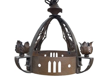 Early 20th C. Hammered Iron Hanging Light Fixture w/ Copper Leaf Cups