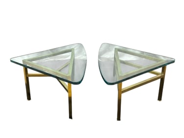 Late 20th C. Contemporary Triangular Glass & Brass Side Tables