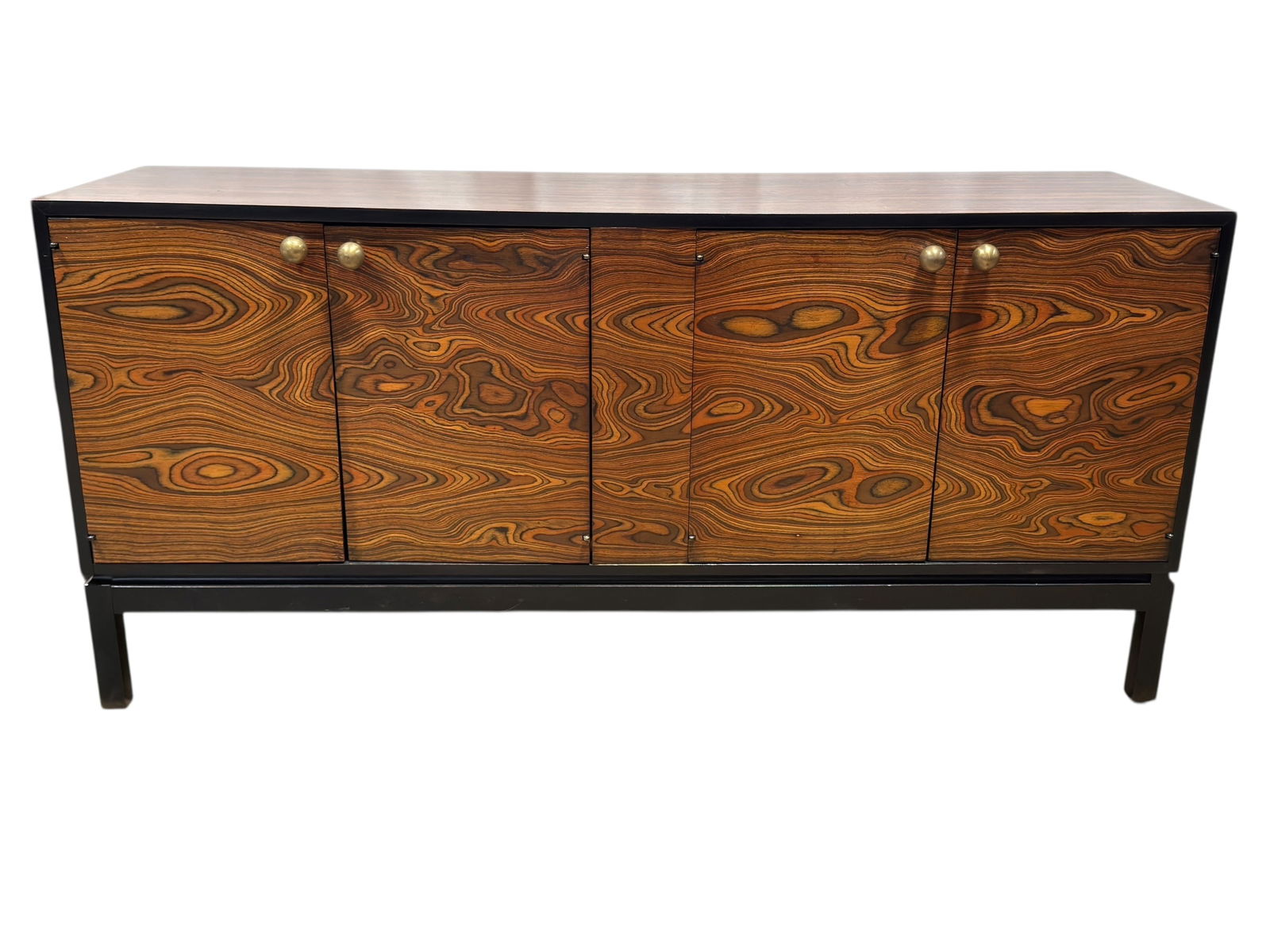 Mid Century Modern Broyhill “Electra" 4 Door Credenza: This striking Mid-Century Modern 4 door credenza is from Broyhill’s iconic “Electra” line, showcases the bold, sculptural woodgrain that defines the series. The highly figured door fronts cr