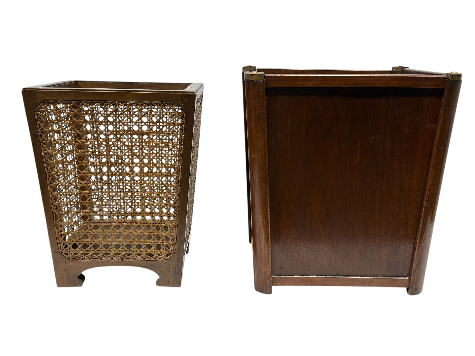 Early–Mid 20th C. Wooden & Caned Waste Bins: This lot consists of two early–mid 20th century wooden waste bins, offered together, designed in complementary but distinct forms. One example features woven cane panels set within a hardwood frame,