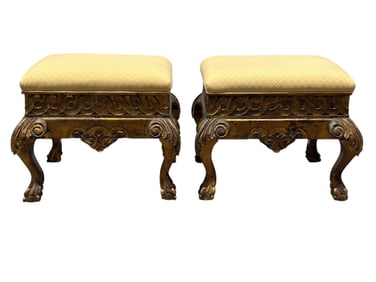 Pair of 20th C. Portuguese Giltwood Ball & Claw Foot Stools