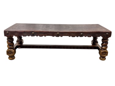Early 20th Century Carved Wood Leather-Top Spanish Colonial Table