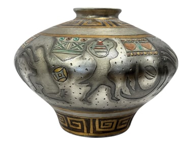 Decorative Art Vase w/ Stylized Relief & Geometric Bands