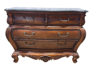 Contemporary Carved Wood Bombe Chest w/ Faux Marble Top