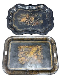 (2) Mid 20th C. Toleware Scalloped & Rectangular Fruit Motif Trays