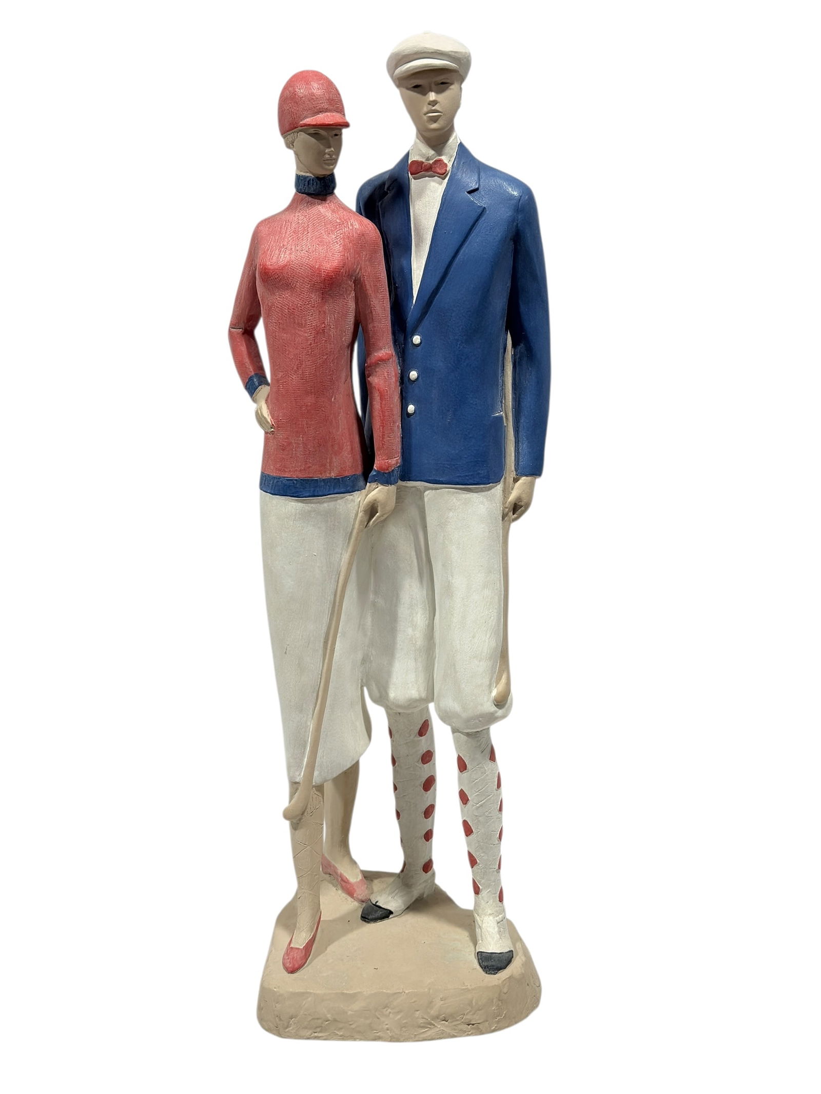 Austin Productions 1987 Figurative Polo Couple Sculpture: This Austin Productions figurative sculpture depicts a stylized polo couple standing together, each holding a mallet, rendered in the company’s signature modern, slightly abstract form. The figures