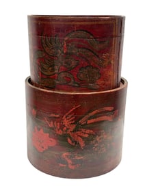 Pair of 20th C. Chinese Red Lacquered Cylindrical Boxes
