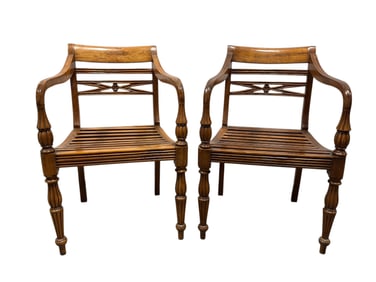 Pair of Anglo-Indian Style Slatted Teak Open Armchairs