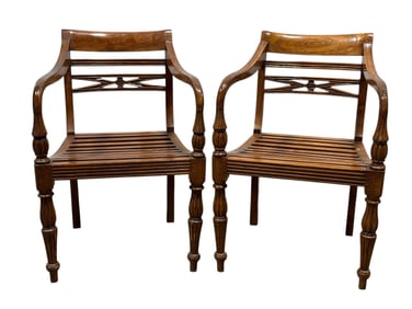 Pair of Anglo-Indian Style Slatted Teak Open Armchairs