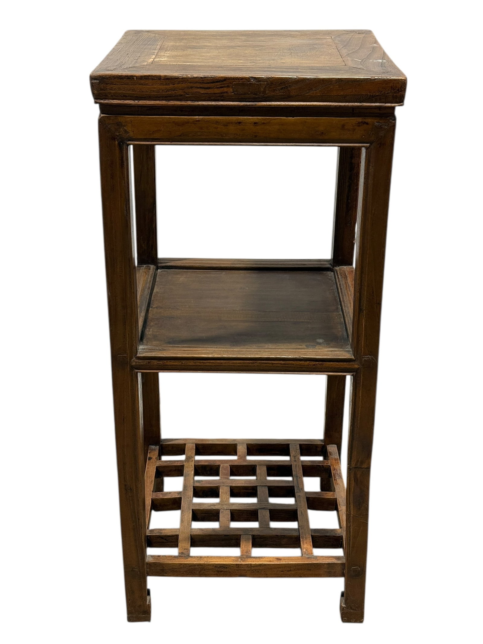 19th Century Qing Dynasty Chinese Elmwood Pedestal Stand: This finely constructed 19th century Qing Dynasty pedestal stand is crafted from solid Chinese elmwood, displaying the restrained elegance and architectural balance characteristic of period Chinese fu