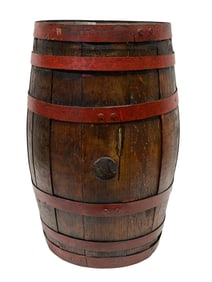 19th C. Tiger Oak Barrel w/ Red Painted Iron Bands