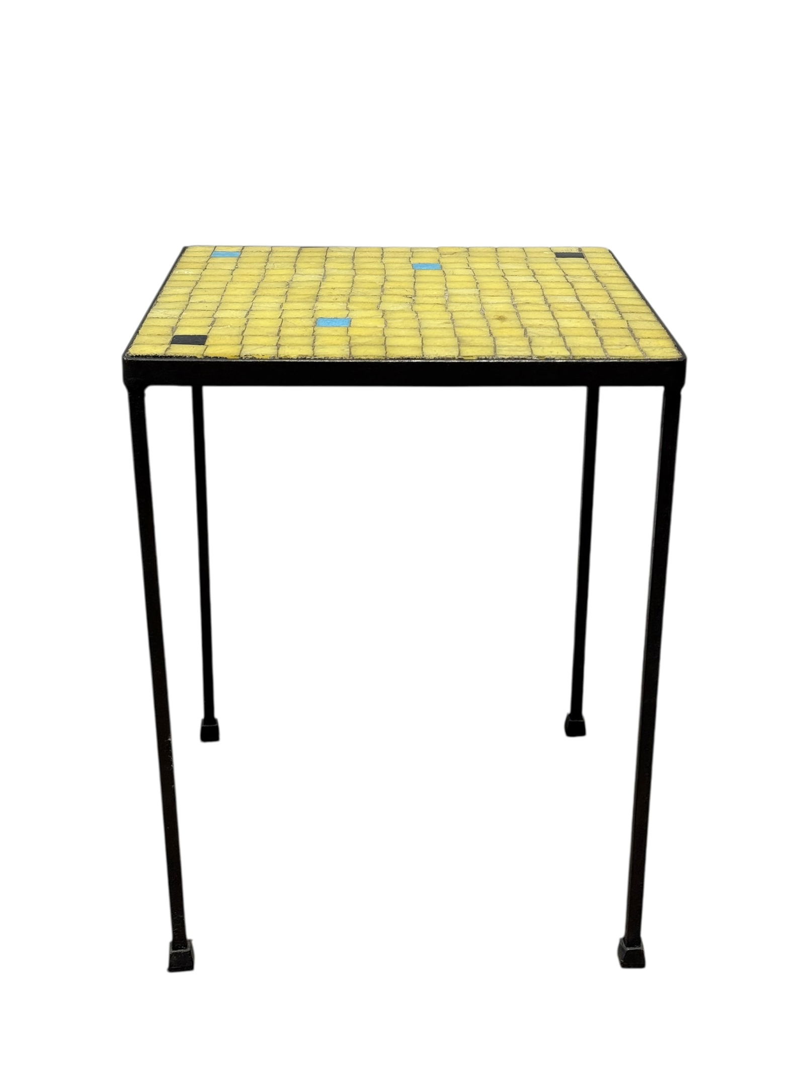 MCM Mosaic Glass Side Table: Bold and eye-catching mid-century modern side table featuring a hand-laid mosaic glass top in a vibrant yellow grid pattern, accented with contrasting blue and black tiles. The geometric design reflec