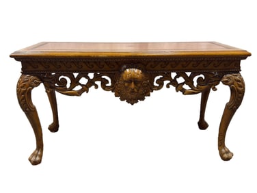 Contemporary Carved Wood Console Table with Faux Leather