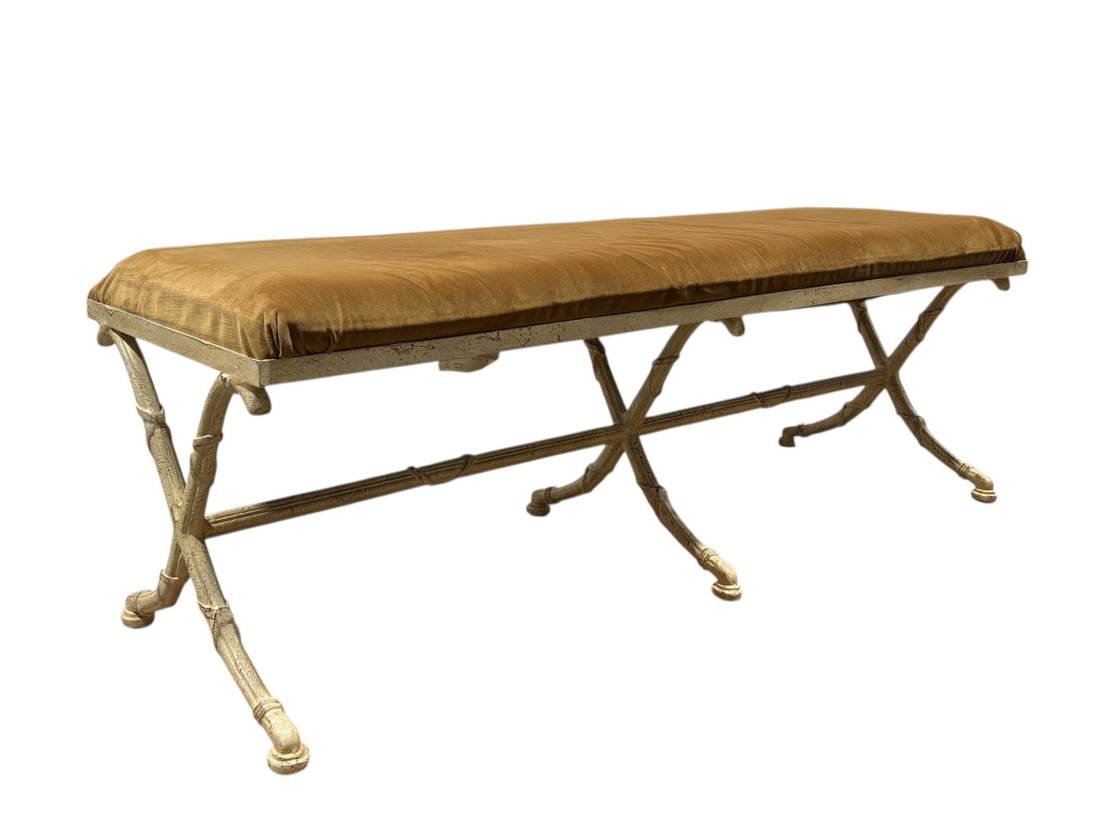Painted Iron Bench w/ Upholstered Seat: Decorative bench constructed with a painted iron frame featuring faux bamboo–style detailing and X-form stretchers for added stability. The frame is finished in a distressed, light-toned paint with 