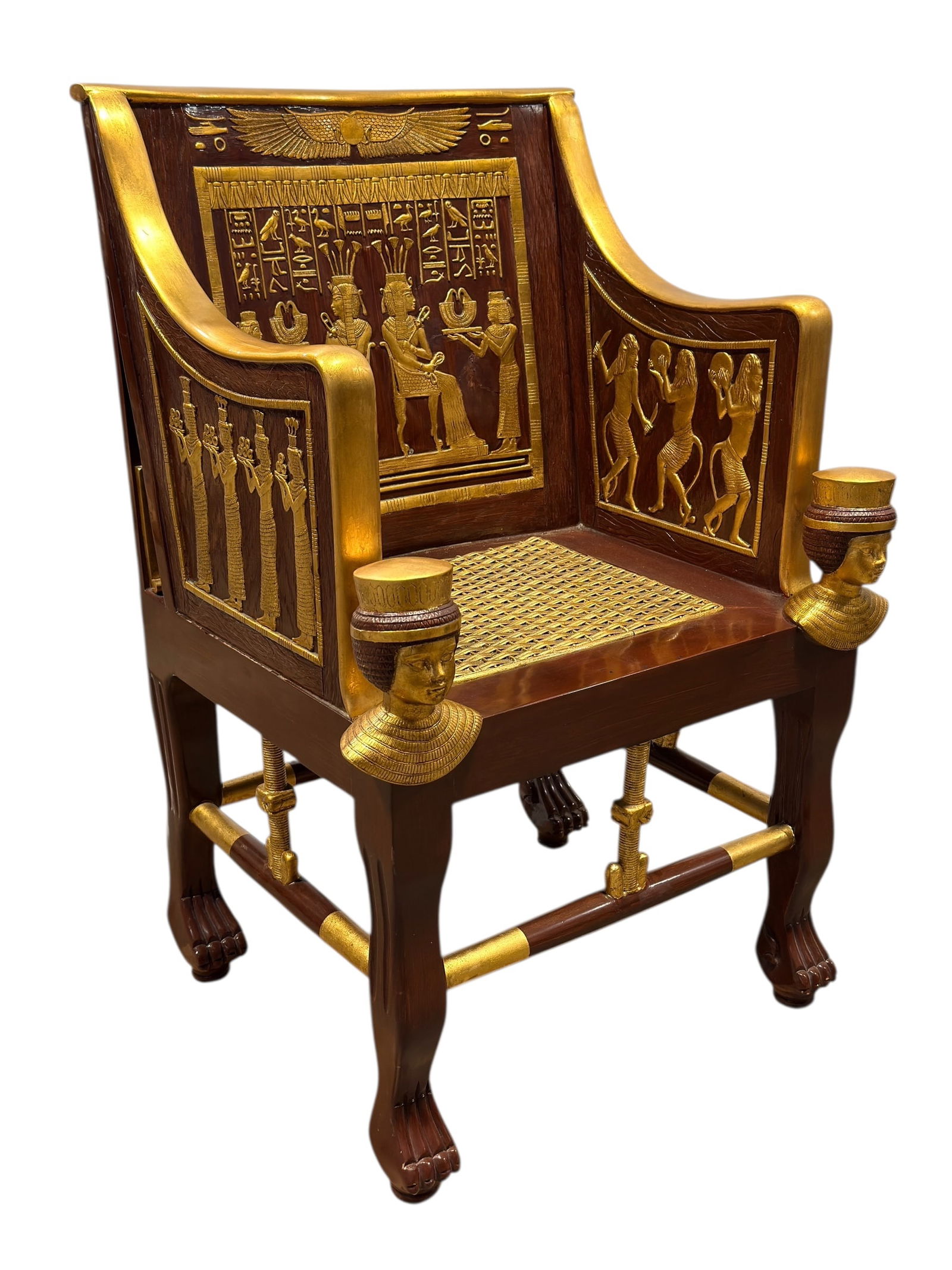 Mid 20th C. Monumental Egyptian Revival Wood & Composite Throne Chair: Mid 20th C. Egyptian Revival wood & composite throne chair features a high, curved back richly decorated with gilt reliefs depicting pharaonic figures, hieroglyphic motifs, and a prominent winged sun