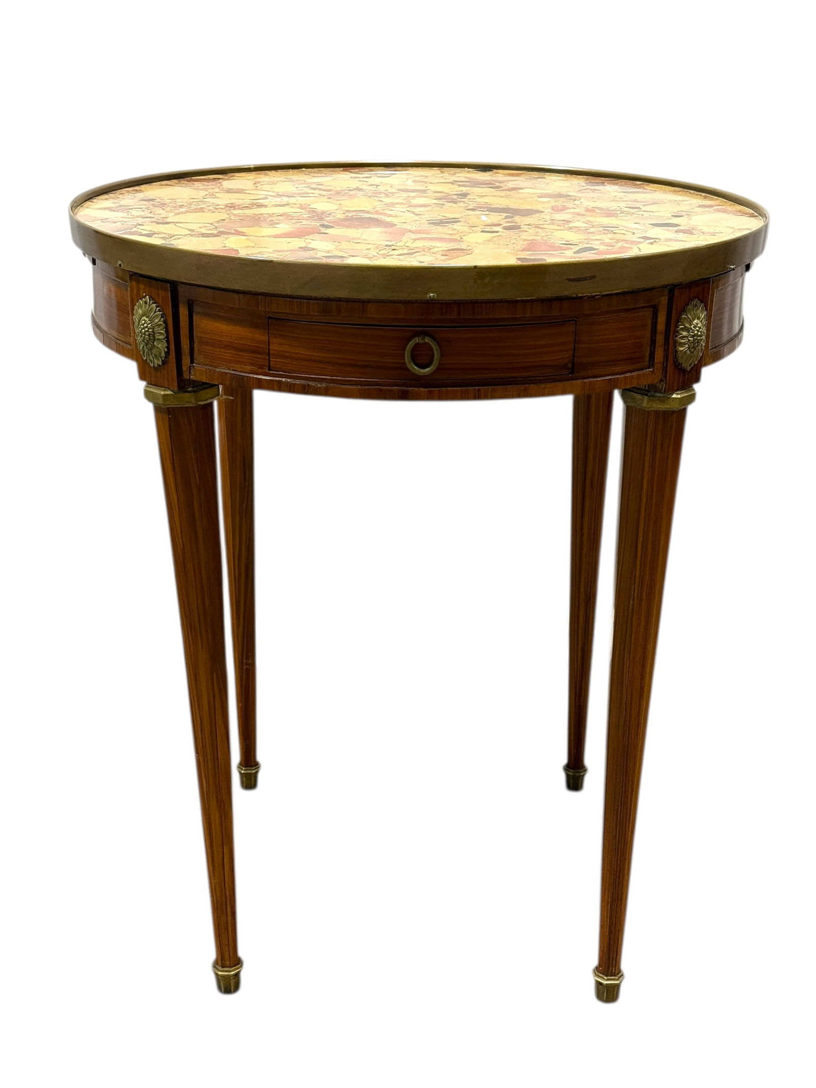 Late 19th C. French Bois Satiné Bouillotte Table w/ Breccia Marble Top: Fine quality French occasional or center table in the Louis XVI taste, executed in finely figured bois satiné veneer, the circular top inset with a polished breccia marble surface and surrounded by a