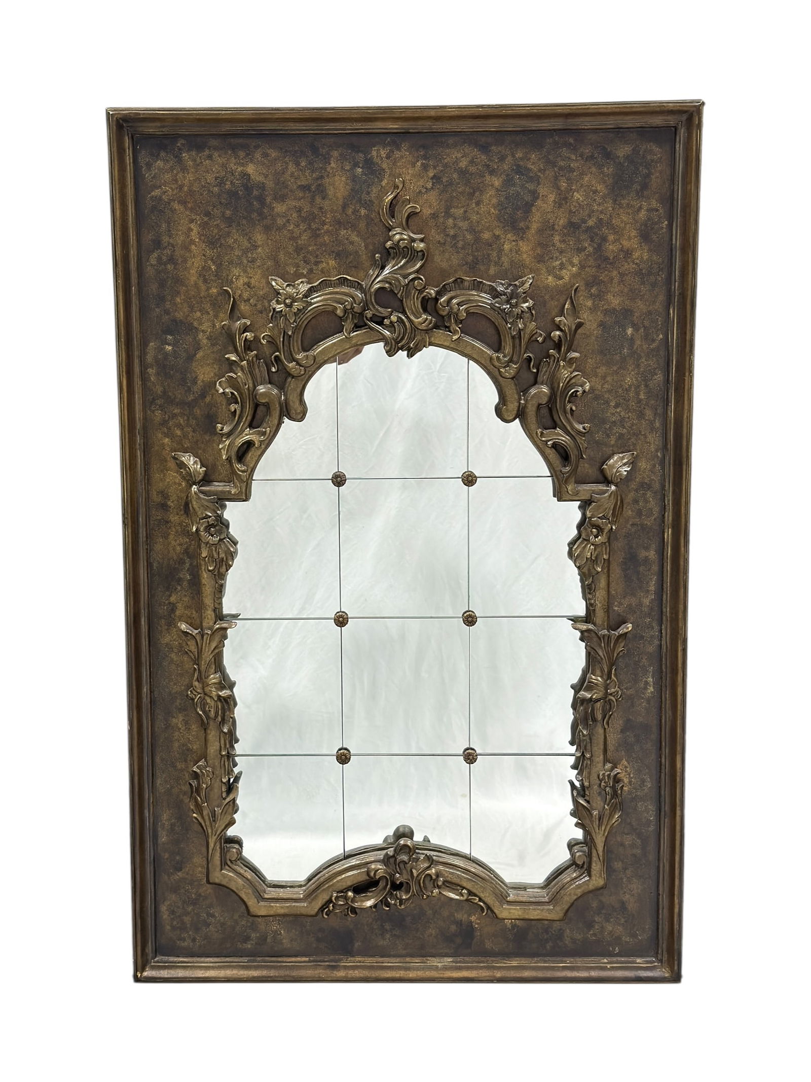 Fine Late 20th C. LaBarge Ornate Giltwood and Paneled Glass Wall Mirror: This finely crafted LaBarge wall mirror features an elegant, ornate composition inspired by classic European decorative forms. The rectangular frame is finished in a richly toned gilt and bronzed surf